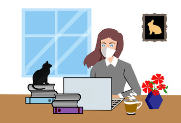Wearing face mask woman work online with a cup of coffee and pet during the coronavirus outbreak ,new normal and social distancing alert concept.
