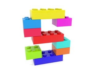 The letter S is composed of toy bricks of different colors on white