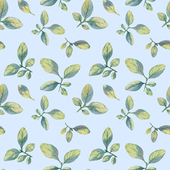 Seamless watercolor botanical pattern on a blue background. Watercolor handdrawn background with leaves and branches. Spring or summer design for wallpaper, print, textile or greeting cards.