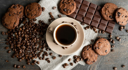 Coffee cup with cookies and chocolate with scattered coffee beans on linen and wooden table background. Mug of black coffee.