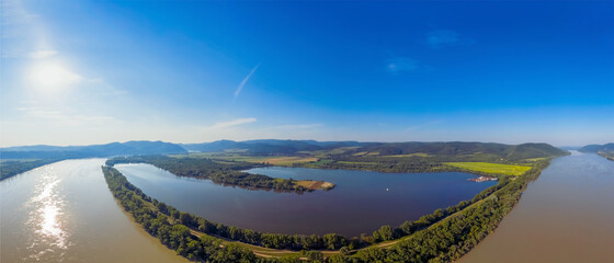 Amazing aerial landscape photo about the Pilismarot bay in Danube bend Hungary. This place is a...