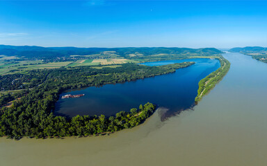 Amazing aerial landscape photo about the Pilismarot bay in Danube bend Hungary. This place is a fihing paradise. Record size fish can be caught here.