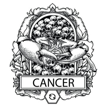 tattoo and t-shirt design black and white hand drawn cancer skull zodiac  premium vector