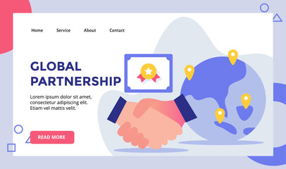 Global partnership handshake background of certificate campaign for web website home homepage landing page template banner with flat style