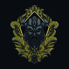 artwork illustration and t-shirt design viking head in engraving ornament premium vector