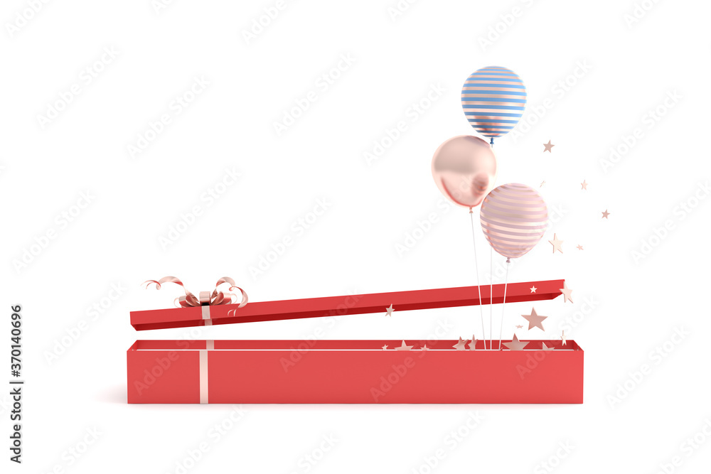 Poster mock up of gift box and balloons on white background. 3d rendering.