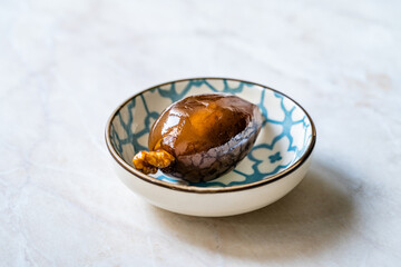 Turkish Aubergine Eggplant Jam / Marmalade Dessert. Healthy Organic Traditional Local Food for Vegan or Vegetarians with Walnut.