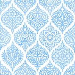 Seamless watercolor blue-white pattern. Elegant ornament for textile. Vintage bohemian print. Vector illustration.