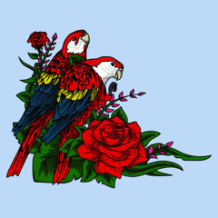 artwork illustration and t-shirt design parrot and rose premium vector