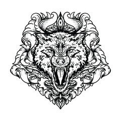 tattoo and t-shirt design black and white hand drawn wolf head engraving ornament premium vector