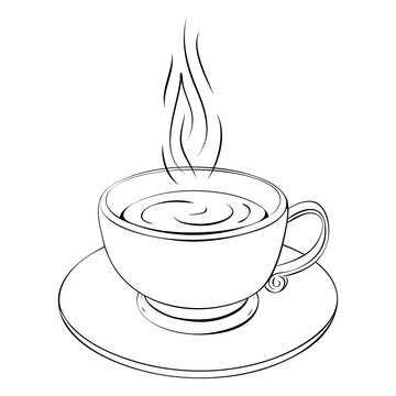 hot coffee cup or teacup line drawing isolated on white. Coffee break or tea sketch icon. outline illustration of one cappuccino, espresso, cacao or tea classic cup with curly steam. cafe logo concept