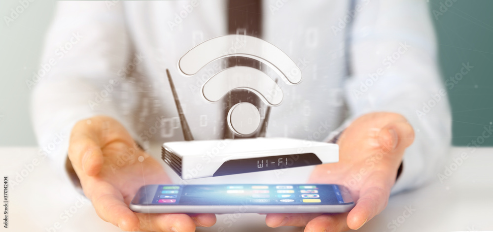 Poster businessman holding a wifi router and data - 3d rendering
