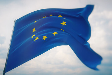 Waving flags of the world - Official EU flag. European Union Flag. 3D illustration.