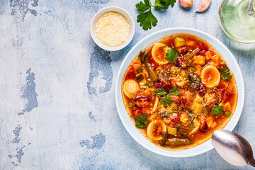 Minestrone, italian vegetable soup with pasta and beans.