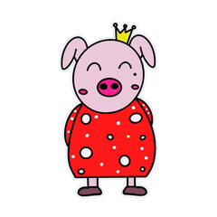 Funny pig in a red dress. Piglet with a crown. Suitable for postcards, stickers, T-shirts and children's books. Isolated, vector.