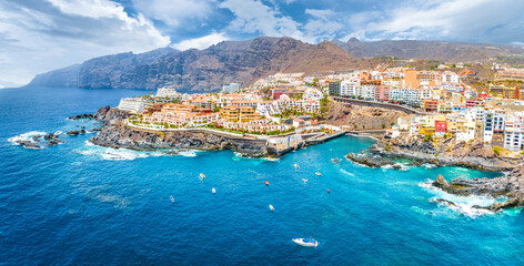 Aerial landscape with Puerto de Santiago city,  Atlantic Ocean coast, Tenerife, Canary island, Spain