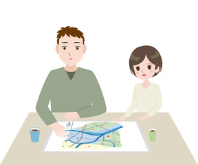 テーブルでハザードマップを見ている若い男女のイラスト