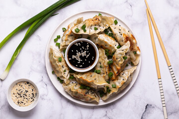 Fried dumplings Gyoza on a plate on a light marble background