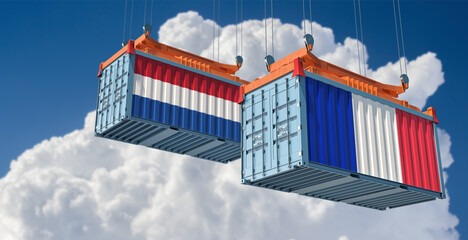 Freight containers with Netherlands and France flag. 3D Rendering 