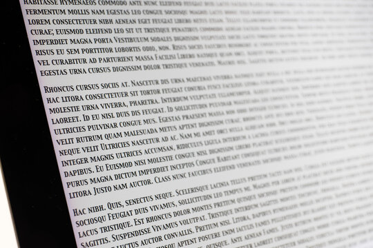 Lorem Ipsum text on a computer screen, a placeholder for text often used to demonstrate the visual form of a document or font in publication and graphic design