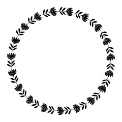 Obraz premium Decorative black round frame with flowers. Pattern based on traditional folk art ornaments. Scandinavian style. Luxury floral mandala. Vintage illustration. Holiday template design for invitation.