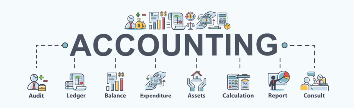 Accounting banner web icon for business company, audit, ledger, income statement, balance sheet, expenditure, calculation and consult. Minimal vector cartoon infographic.