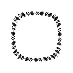 Decorative black round frame with flowers. Pattern based on traditional folk art ornaments. Scandinavian style. Luxury floral mandala. Vintage illustration. Holiday template design for invitation.