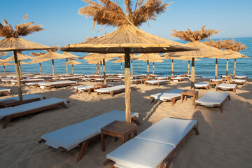 Umbrellas on the beach, St. Constantine and Helena resort, Varna province, Bulgaria