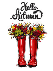 Vector fashion sketch. Hand drawn illustration of fashion red rubber hunter boots with bouquet of autumn leaves and Hello Autumn lettering. Colorful design in vogue style. Isolated elements on white