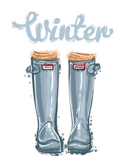 Vector fashion sketch. Hand drawn illustration of fashion blue rubber boots with knitted socks and winter lettering. Glamour fashion season greeting card in vogue style. Isolated element on white