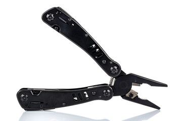 Open pliers of black multi tool knife isolated on white background