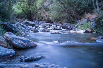 las rzeka rozmyta woda kamienie liście zieleń lato