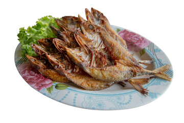 Fried Sun-dried Mackerel with Lettuce, die cut on white isolated.