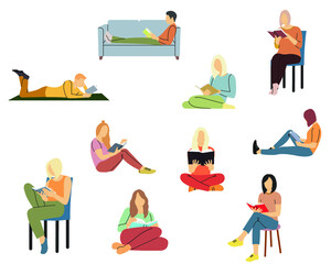 Collection of reading people. Young men and women are preparing for the exam. Flat illustration