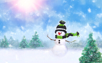 Merry Christmas and Happy New Year Greeting Card. Funny Snowman in the winter landscape forest...