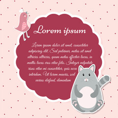 Greeting card with bird and cat, vector illustration