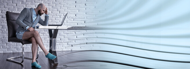 quarantined work concept, a man works at home on a computer in his underpants, funny work coronavirus pandemic meme