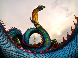 A large concrete image of naga, a public property at Wat Phu Manorom Maharat temple .
