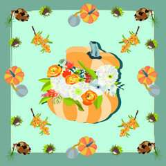 Obraz na płótnie Canvas Flower bouquet in pumpkin with backgraund