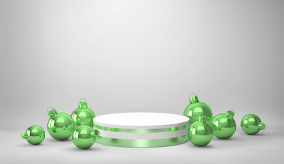 Podium, product stand with green christmas balls on gray background