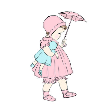 Little girl holding an umbrella and doll. Baby dressed in a pink dress. Hand drawn retro clip art. 
