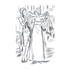 Lady and gentleman. Hand drawn couple in vintage style from the nineteenth century. Retro people. 