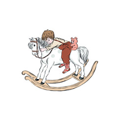 Boy swinging on toy horse. Children's entertainment. Hand drawn vector clip art. Illustration for children's books, posters for the interior of bedrooms for newborns, postcards in vintage style