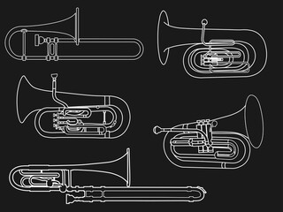 Simple white line drawing of outline Tuba, Trombone, Euphonium, Baritone, Bass Trombone musical instrument on a black background. For student education, illustration for dictionary musical schools