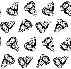 A pattern of three balls of ice cream, pistachio, berry, lemon, in a waffle cup. White on black.