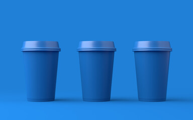 Three disposable plastic cups standing in a row. Mockup for your design. 3d illustration rendering. 