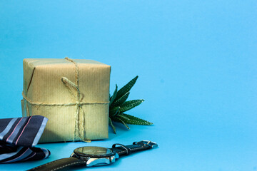 Craft gift tied with jute on a blue background. Nearby lies a blue striped tie, a men's watch and a green succulent flower. Copy space. Men congratulations concept.