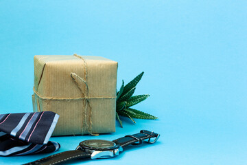 Craft gift tied with jute on a blue background. Nearby lies a blue striped tie, a men's watch and a green succulent flower. Copy space. Men congratulations concept.