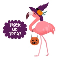 Happy Halloween. Cartoon flamingo with a hat. Funny vector illustration. Can be used as an element for cards, banners, posters. © Tayisiya