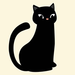 Vector cartoon illustration with a cute black cat. Element for card, poster, banner, logo and other use.